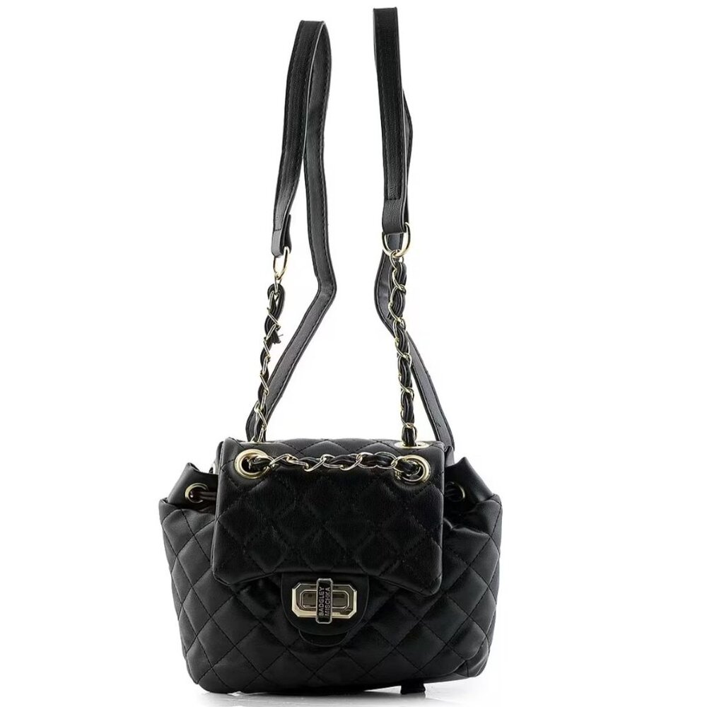 Badgley Mischka ✦ Mini Backpack ✦ Quilted Leather Black Chain Strap Turn‑Lock